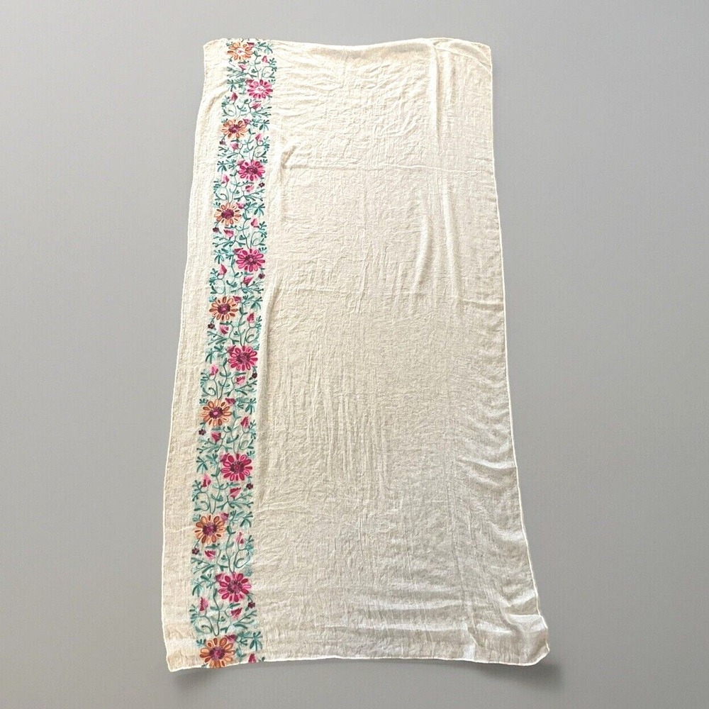 Hand Embroidered‎ Linen Dresser Scarf Table Runner 68x72" Flowers Botanical Vtg